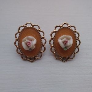 Vintage Ceramic Rose and Filigree Clip Earrings